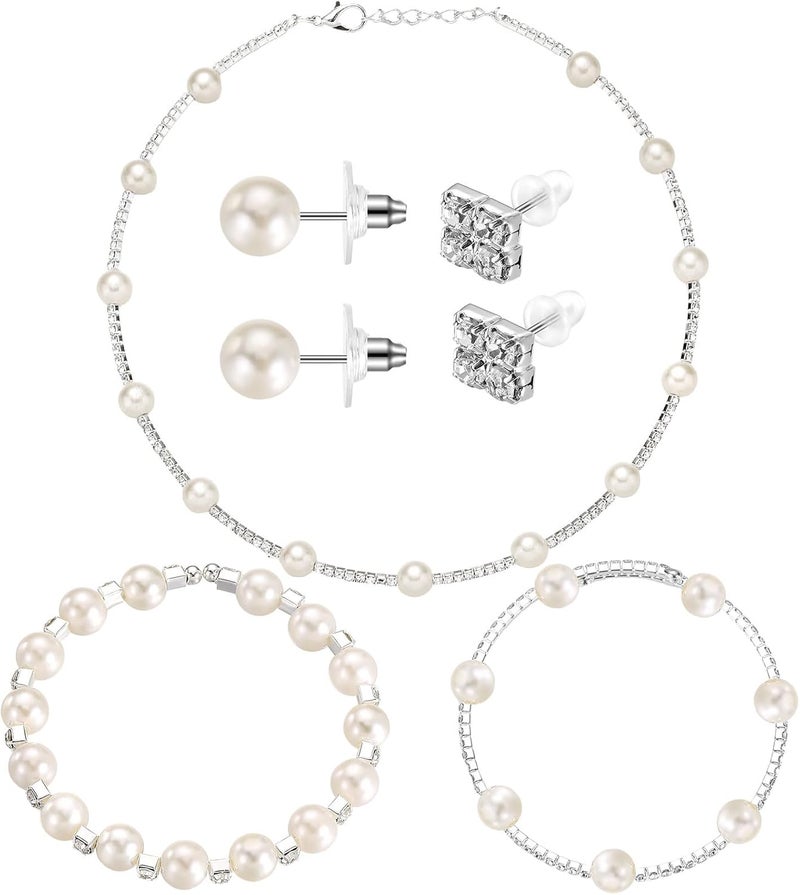 Glenmal Pearl Rhinestone Jewelry Set for Women Pearl Necklace Bracelet Earrings for Wedding Birthday Bridal Shower Tea Party - Image 1